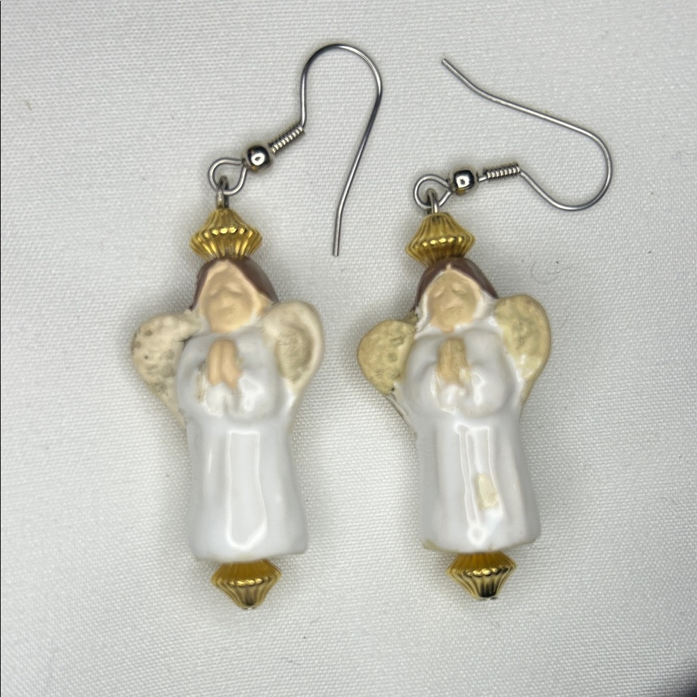 Vintage Ceramic Angel Earrings with gold tone accents